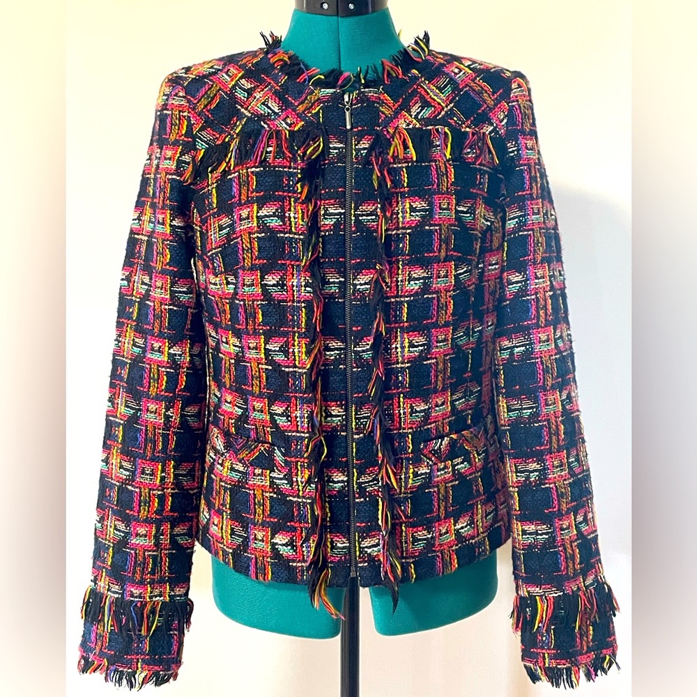 TRINA TURK Multicolor Fringe Cotton Blend Tweed Chanel Style Blazer Jacket